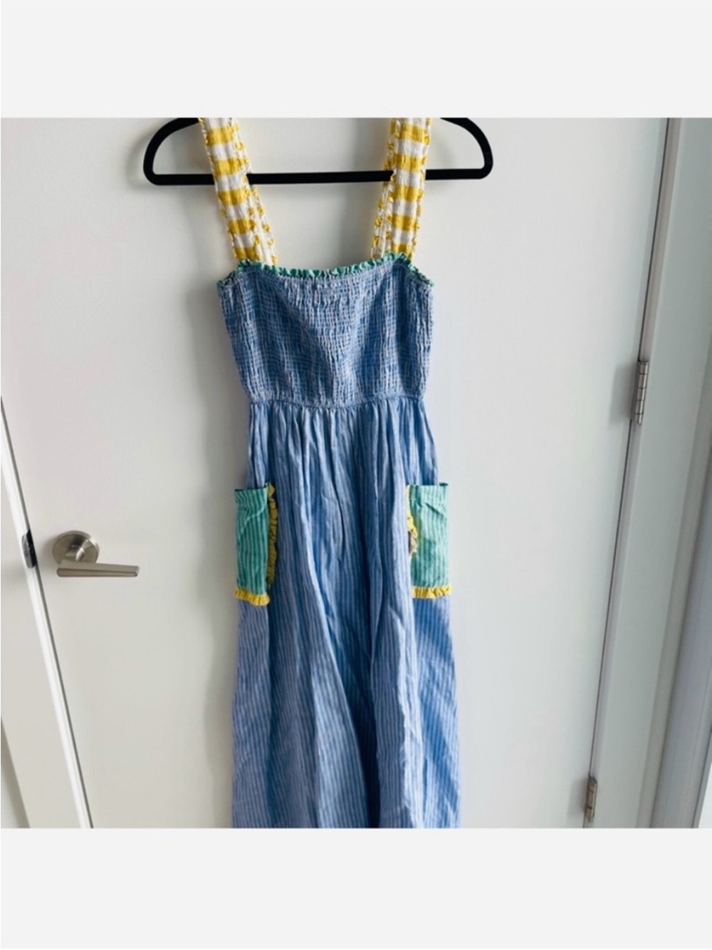 RHODE Ollie Yellow, Green Blue Stripe Smocked Midi Dress with Contrast Pockets - Picture 2 of 7